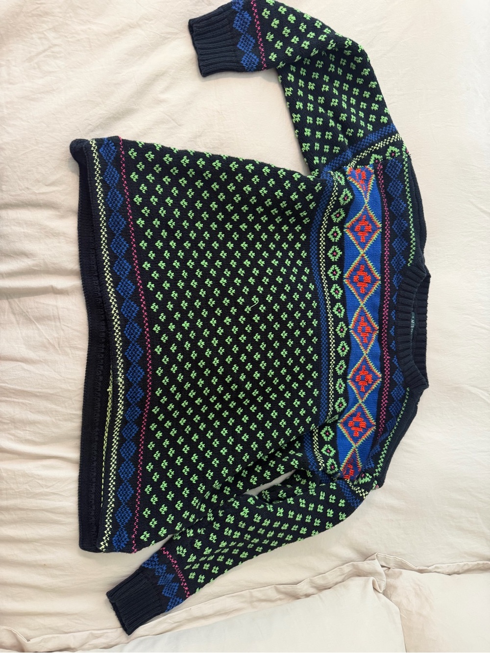 Ralph Lauren black Crewneck Sweater with Green and Blue Fair Isle Accents